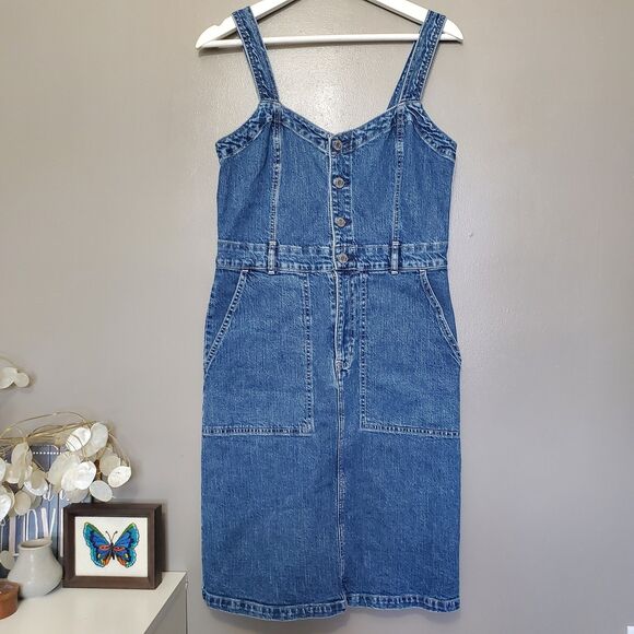 Gap Denim Dress Petite Size 4 Medium Blue Wash V-Neck Button Front Midi - Picture 2 of 12